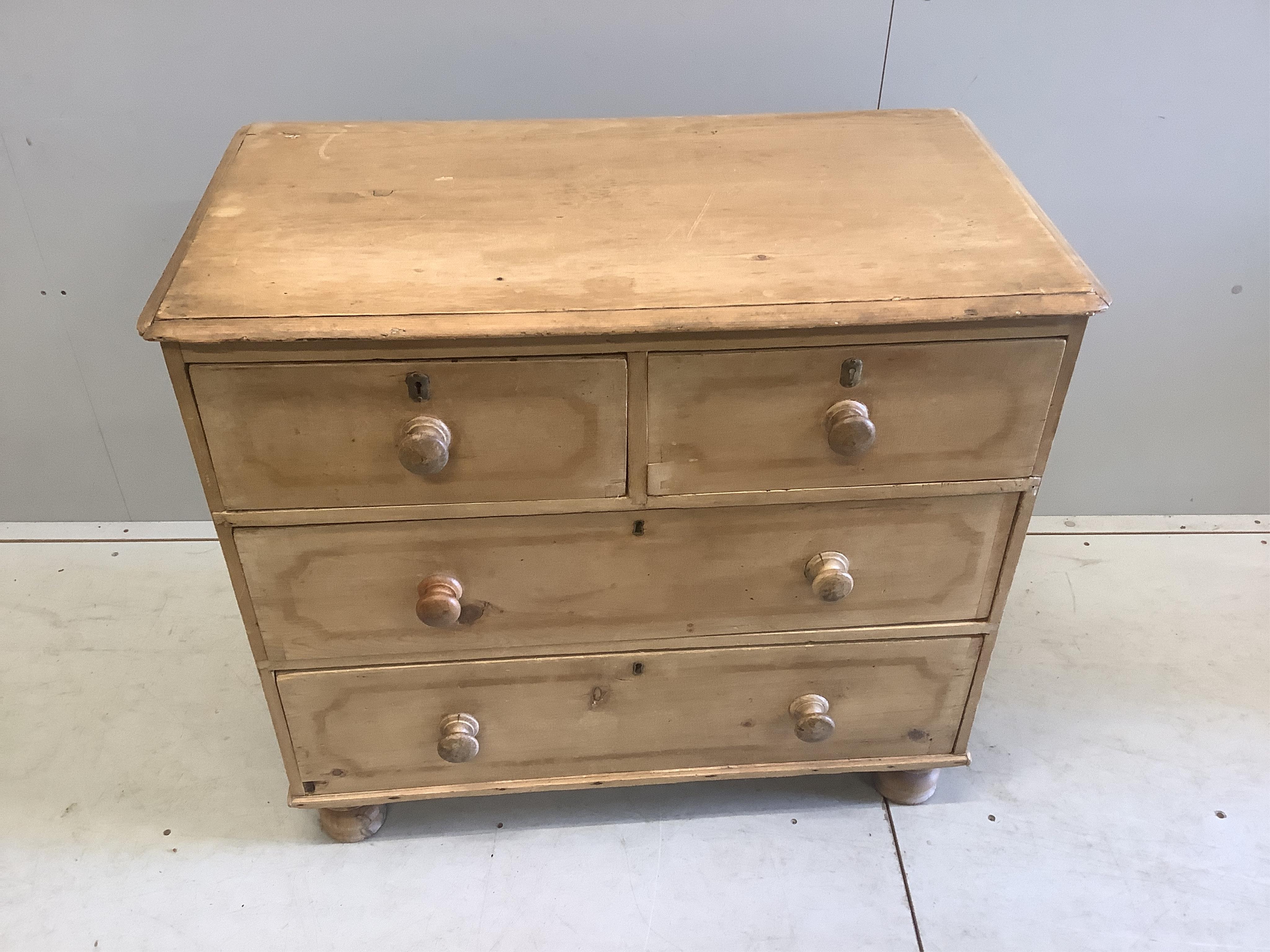 A small Victorian pine chest of drawers, width 89cm, depth 49cm, height 79cm. Condition - fair